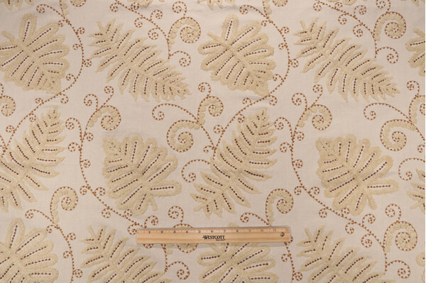 Grey Watkins Fossils Embroidered Drapery Fabric in Brown on Beige