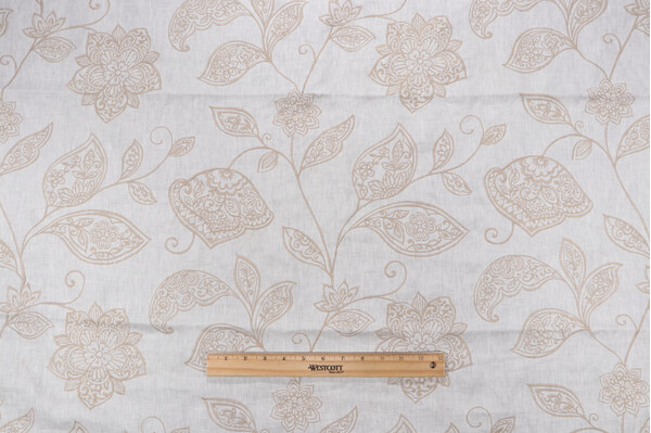1 Yard Grey Watkins Madhavi Embroidered Linen Drapery Fabric in Khaki on Ivory