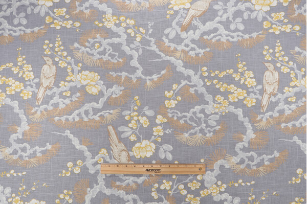 Vern Yip Gulfport Printed Linen Drapery Fabric in Grey Citrine for Trend Fabricut