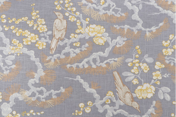 Vern Yip Gulfport Printed Linen Drapery Fabric in Grey Citrine for Trend Fabricut