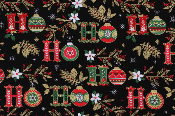 Timeless Treasures Christmas Magic - Hoho Text & Christmas Floral Printed Cotton Craft Fabric in Black
