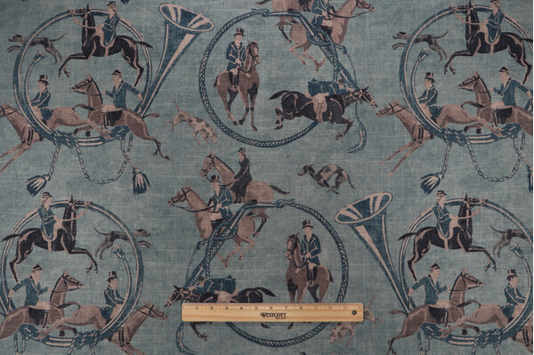 Sample of P Kaufmann To The Races Printed Linen Blend Drapery Fabric in Denim 