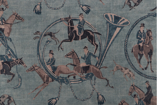 Sample of P Kaufmann To The Races Printed Linen Blend Drapery Fabric in Denim 