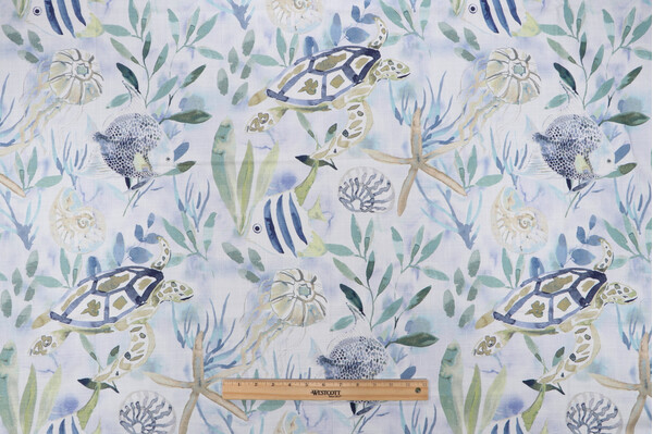 Belle Maison Wellfleet Printed Cotton Drapery Fabric in Delft 