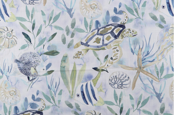 Belle Maison Wellfleet Printed Cotton Drapery Fabric in Delft 