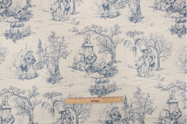 Stof France Galanterie Toile Printed Cotton Drapery Fabric in Bleu