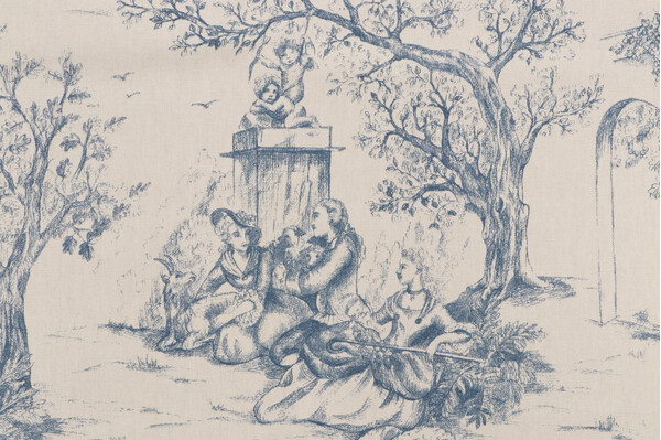 Stof France Galanterie Toile Printed Cotton Drapery Fabric in Bleu