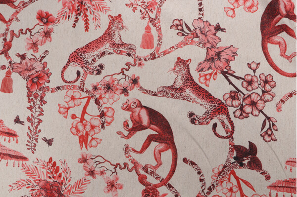 Active Whimsy Printed Polyester Drapery Fabric in Ruby