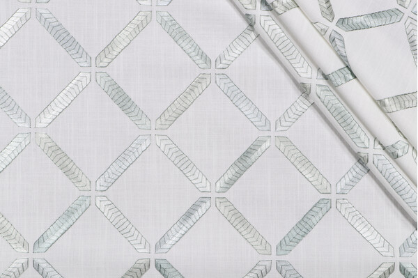 Lattice Embroidered Linen Drapery Fabric in Sea Foam