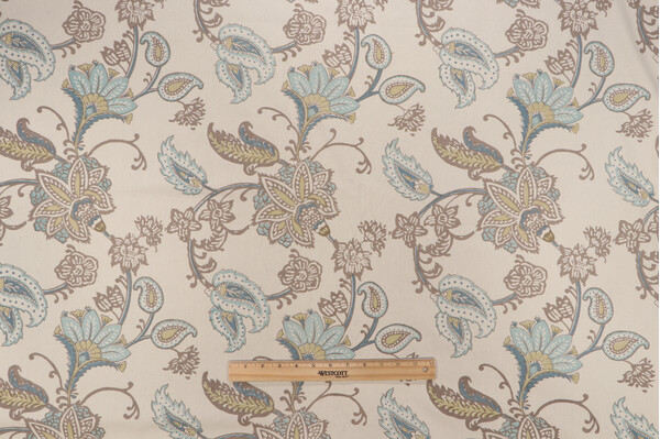 Ajanta Hand-Printed Drapery Fabric in Tan/Aqua