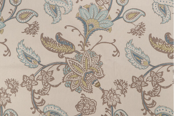Ajanta Hand-Printed Drapery Fabric in Tan/Aqua