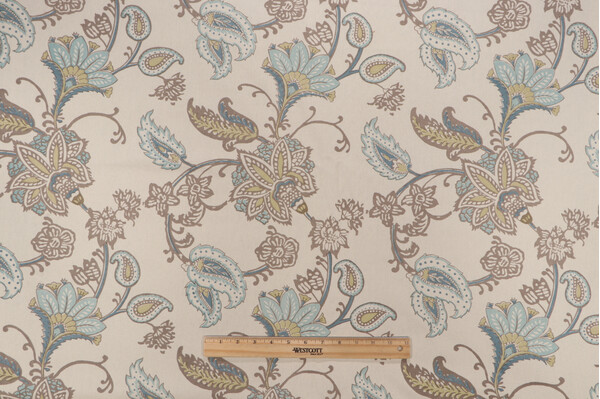 Ajanta Hand-Printed Drapery Fabric in Tan/Aqua