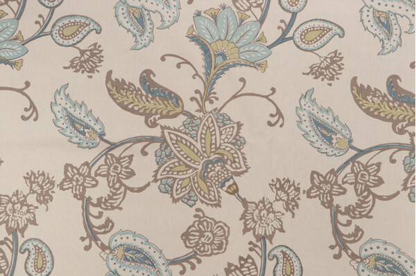 Ajanta Hand-Printed Drapery Fabric in Tan/Aqua