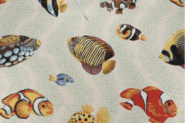 Leslie Merritt Barbuda Printed Linen Drapery Fabric in Red/Yellow/Blue with Green Dots for Grey Watkins 