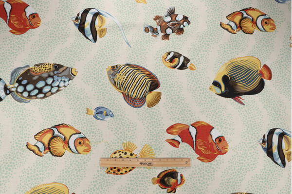Leslie Merritt Barbuda Printed Linen Drapery Fabric in Red/Yellow/Blue with Green Dots for Grey Watkins 