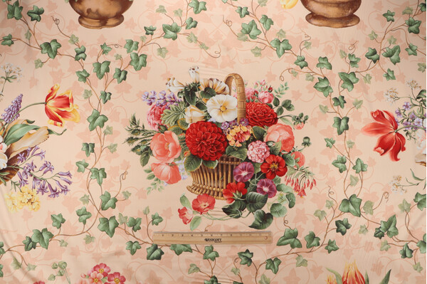 Grey Watkins Folie Flamange Printed Cotton Drapery Fabric in Coral on Apricot 