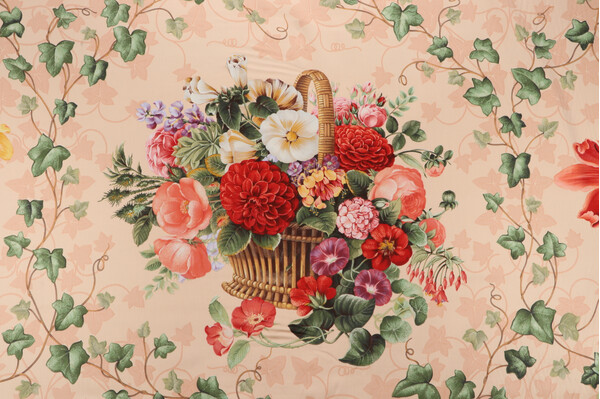 Grey Watkins Folie Flamange Printed Cotton Drapery Fabric in Coral on Apricot 