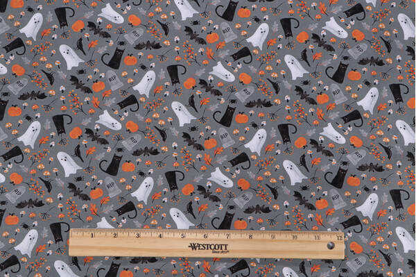 Fabrics Of SoHo Tossed Ghost Cat Bat & Floral Printed Cotton Craft Fabric in Grey for Timeless Treasures