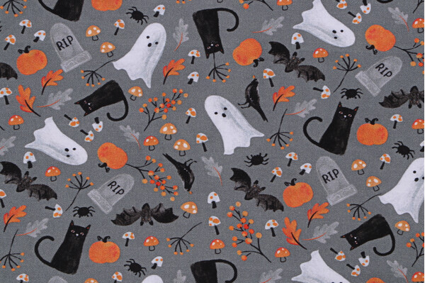 Fabrics Of SoHo Tossed Ghost Cat Bat & Floral Printed Cotton Craft Fabric in Grey for Timeless Treasures