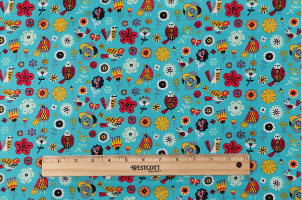Emma & Mila BF Birds & Flowers Printed Cotton Craft Fabric in Turquoise