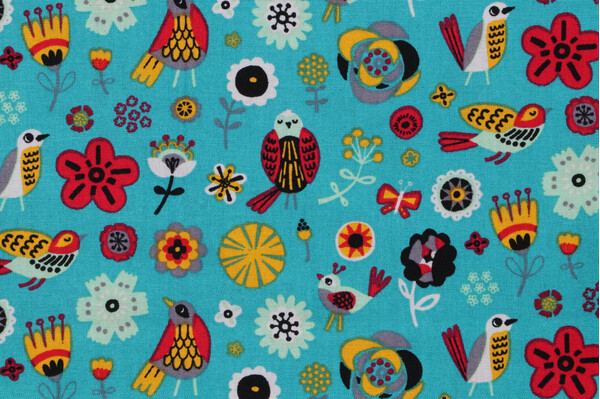 Emma & Mila BF Birds & Flowers Printed Cotton Craft Fabric in Turquoise