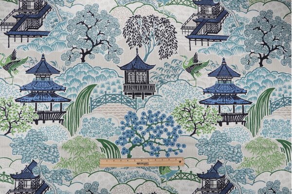 Mill Creek Tea House-Briard Printed Cotton Blend Drapery Fabric in Seawind