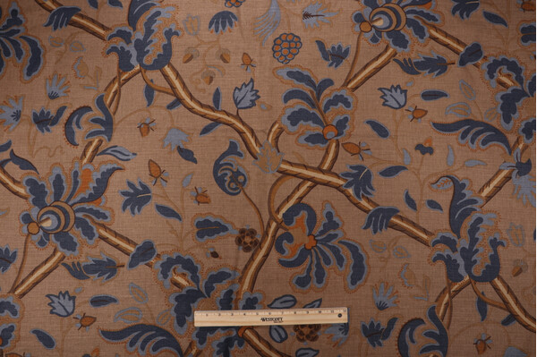 Thibaut Denmark F96033 Printed Cotton Blend Drapery Fabric in Navy and Camel