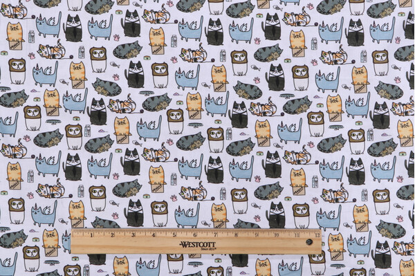 Fabrics of SoHo Quirky Cats - Silly Kitties Printed Cotton Craft Fabric in White for Timeless Treasures