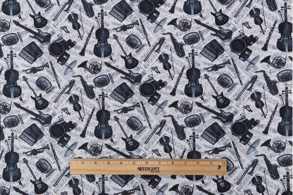 Timeless Treasures Sonata - Grey Instruments & Music Notes Printed Cotton Craft Fabric in Cream