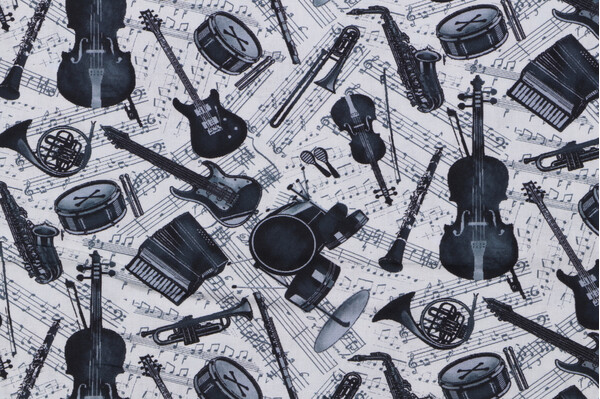 Timeless Treasures Sonata - Grey Instruments & Music Notes Printed Cotton Craft Fabric in Cream