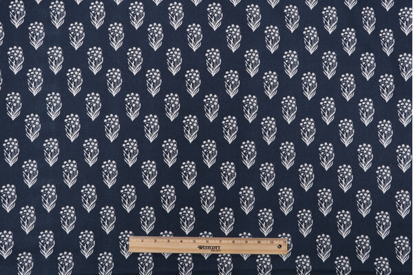 Floral Printed Cotton Drapery Fabric in Indigo