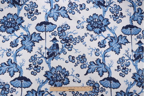 Bailey & Griffin Paradise Toile Printed Linen Toile Drapery Fabric in Marine