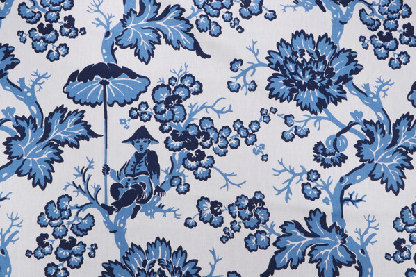 Bailey & Griffin Paradise Toile Printed Linen Toile Drapery Fabric in Marine