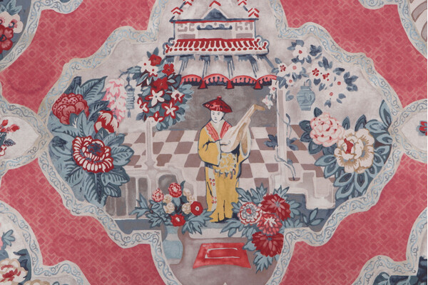 P Kaufmann Teahouse Toile Printed Cotton Twill Drapery Fabric in Scarlet