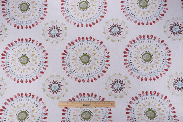 Robert Allen Whimsy Wheel Printed Cotton Drapery Fabric in Coral