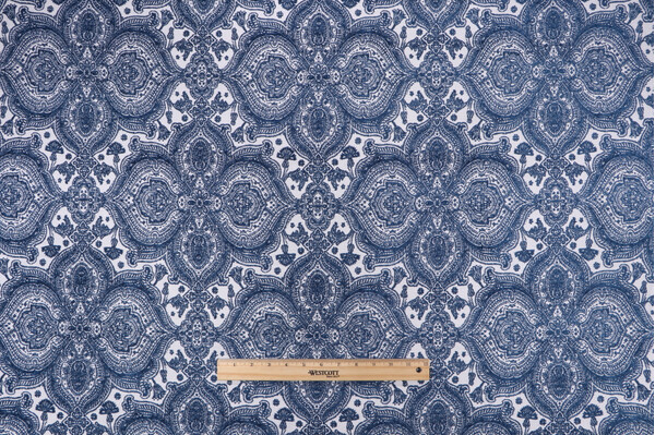 Harriman Woven Chenille Damask Upholstery Fabric in Blue/White