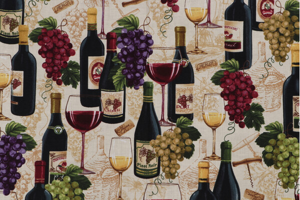 Fabrics Of SoHo Wine Country - Wine Bottles and Grapes Printed Cotton Craft Fabric in Sand for Timeless Treasures