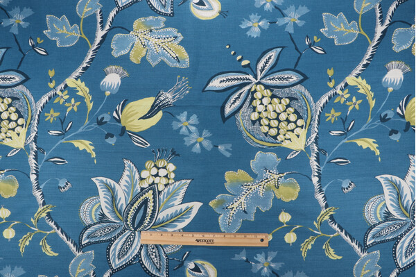 Anna French F913002 Printed Linen Drapery Fabric in Peacock Blue for Thibaut