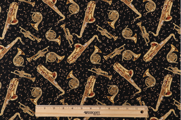 Timeless Treasures Classical Music - Tossed Brass Instruments Printed Cotton Craft Fabric in Black