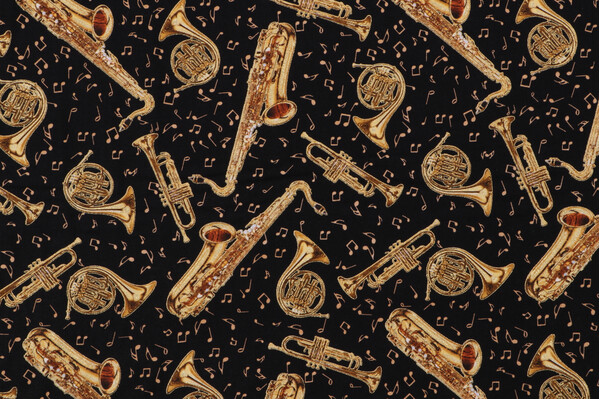 Timeless Treasures Classical Music - Tossed Brass Instruments Printed Cotton Craft Fabric in Black