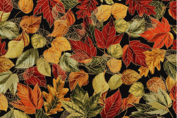 Fabrics of SoHo Fall Is In The Air - Metallic Fall Leaves Printed Cotton Craft Fabric in Black for Timeless Treasures
