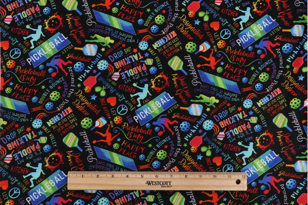 Gail Cadden Elite Athlete - Pickleball Printed Cotton Craft Fabric in Black for Timeless Treasures
