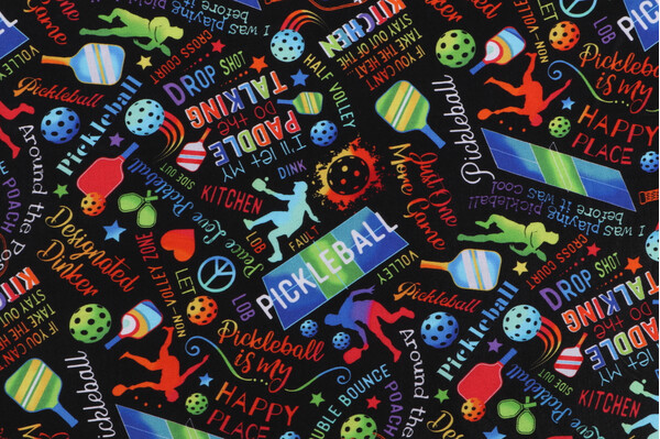 Gail Cadden Elite Athlete - Pickleball Printed Cotton Craft Fabric in Black for Timeless Treasures