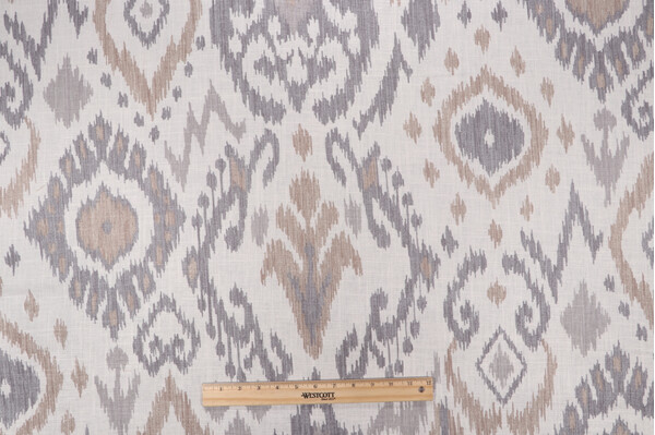 Ikat Printed Linen Drapery Fabric in Stone