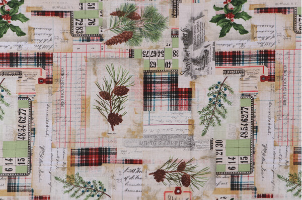 Tim Holtz Holidays Past - Woodland Collage Printed Cotton Craft Fabric in Multi for Free Spirit