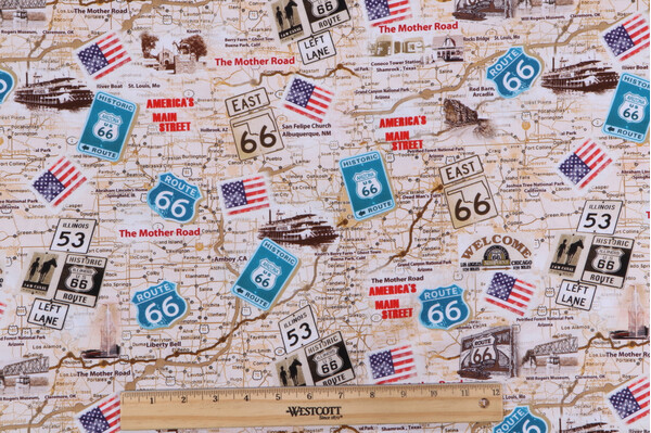 Michael Searle Fabrics of SoHo Route 66 - Route 66 Antique Map Printed Cotton Craft Fabric in Natural for Timeless Treasures