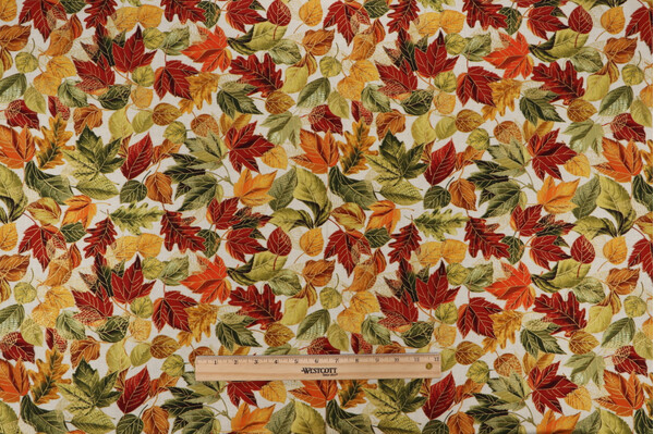 Fabrics of SoHo Fall Is In The Air - Metallic Fall Leaves Printed Cotton Craft Fabric in Cream for Timeless Treasures