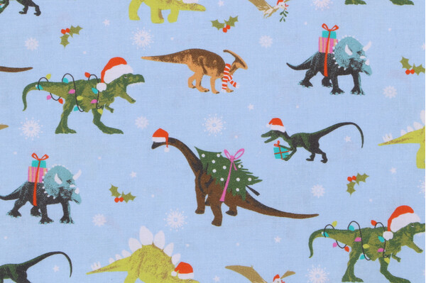 Timeless Treasures Santa-Saurus - Dinosaurs Santa Printed Cotton Craft Fabric in Blue