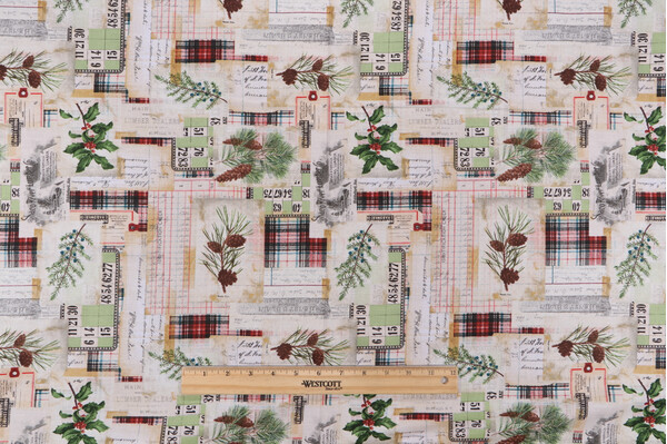 Tim Holtz Holidays Past - Woodland Collage Printed Cotton Craft Fabric in Multi for Free Spirit