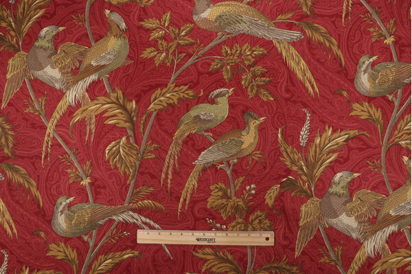 Braemore Pheasant Hunt Printed Cotton Twill Drapery Fabric in Garnet